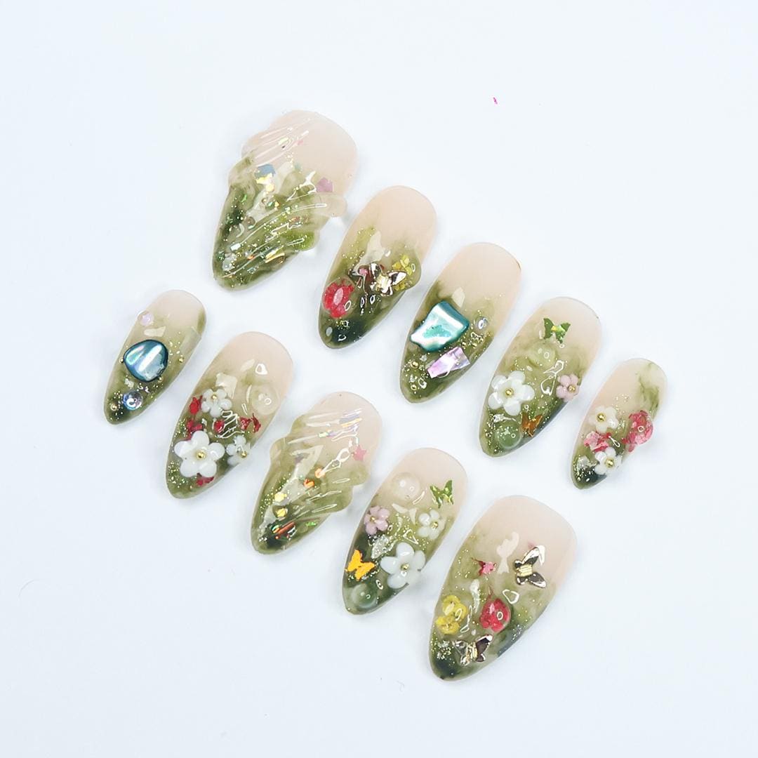 Moss Green Ombre Floral Press On Nails With 3D Flowers and Iridescent Gems