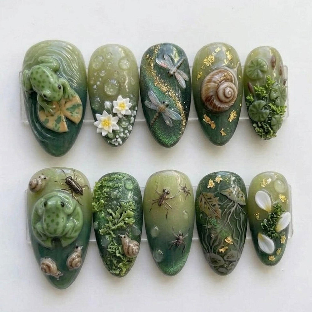 Mossy Green Forest Pond Nail Set With 3D Frogs, Snails and Dragonflies