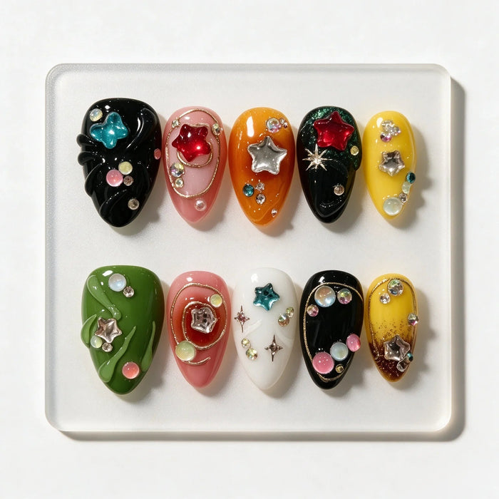 Multicolor 3D Star Charm and Rhinestone Press On Nails