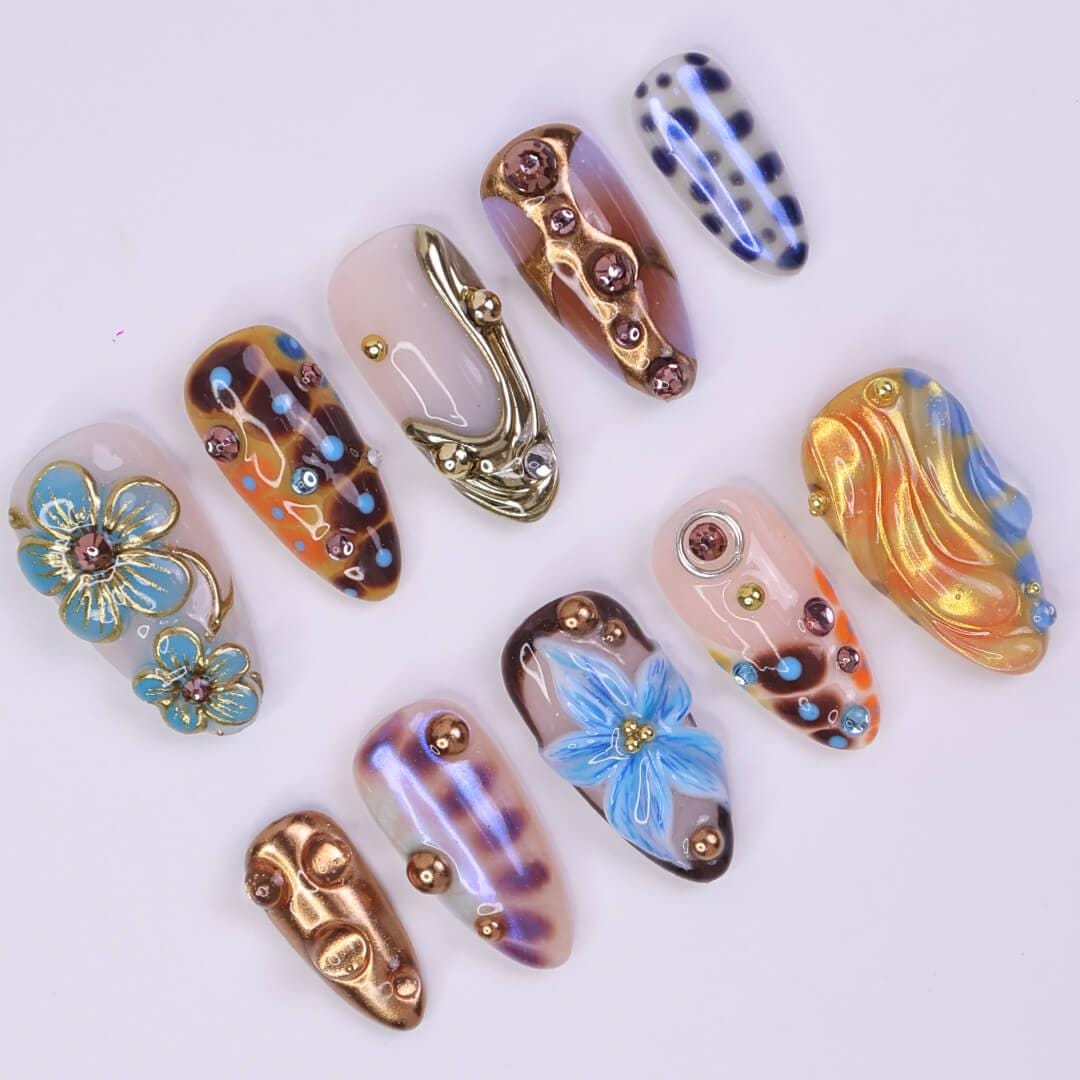 Multicolor Blue Floral Press On Nails with Bronze-Gold Chrome, Rhinestones, and Y2K Party Style