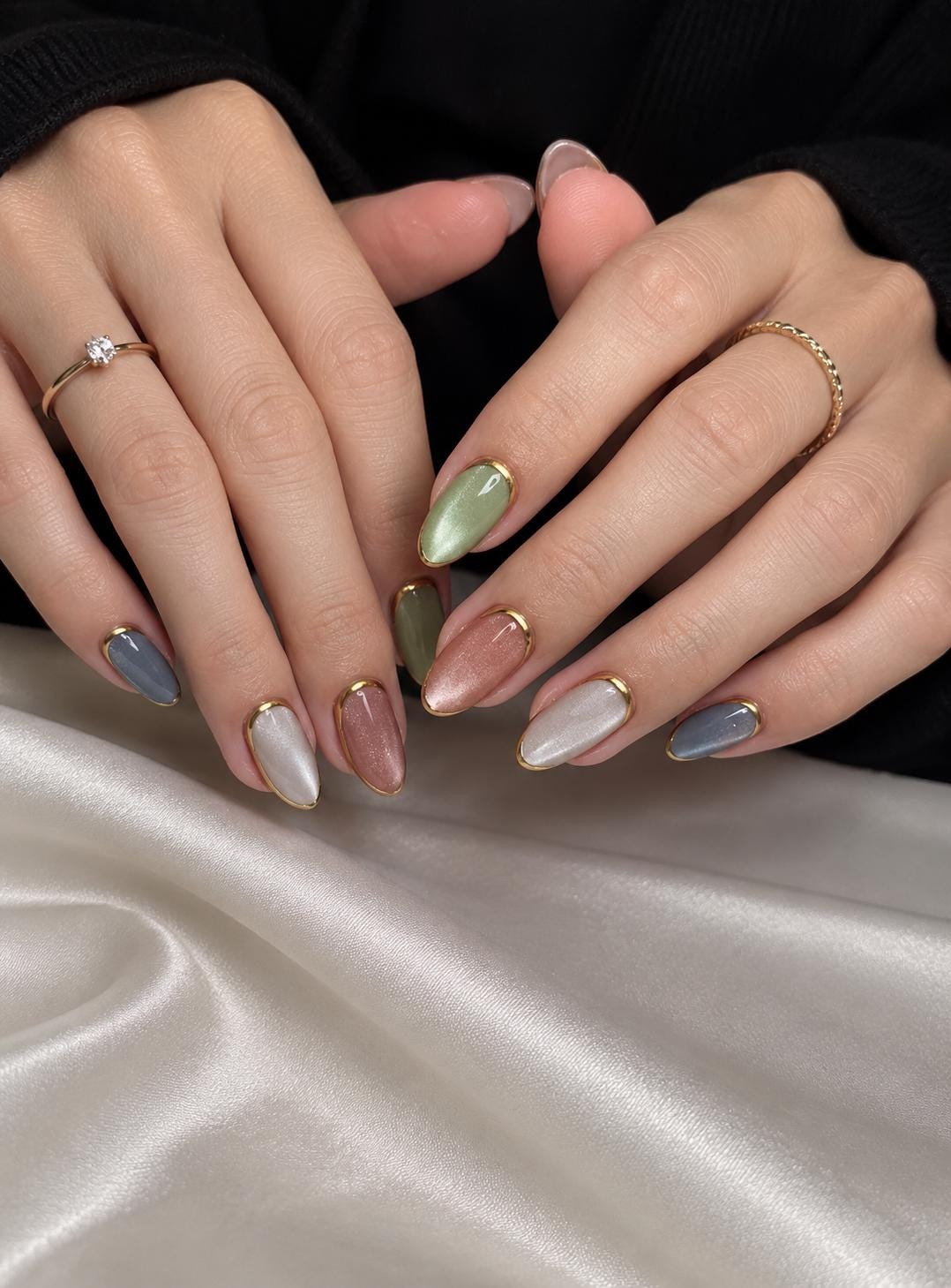 Multicolor Cat-Eye Nails With Gold Tip Outlines