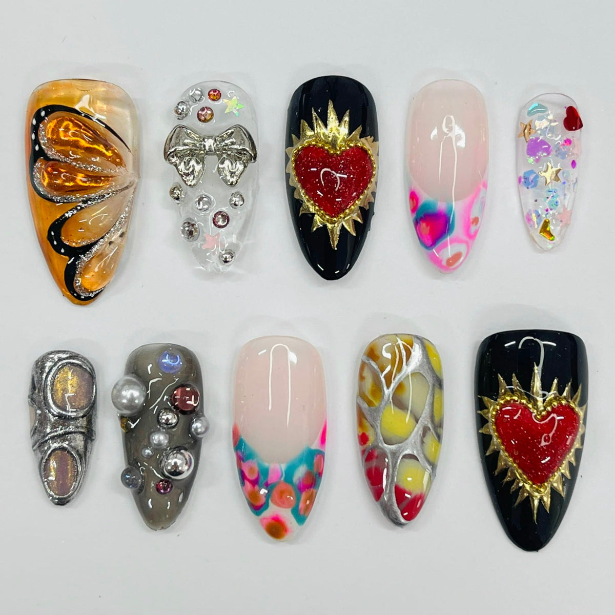 Multicolor Jeweled Heart and Metallic Swirl Press-On Nail Set