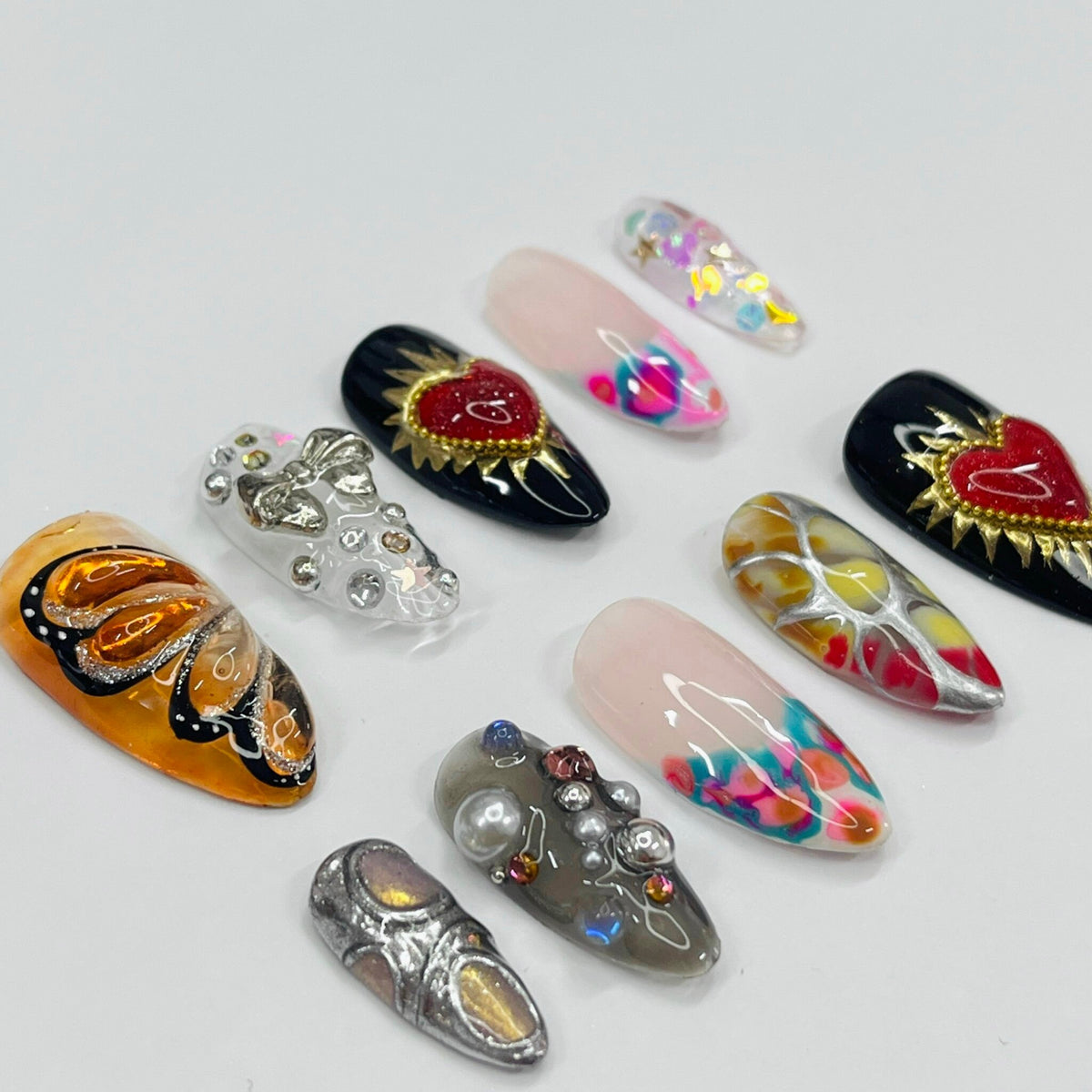 Multicolor Jeweled Heart and Metallic Swirl Press-On Nail Set