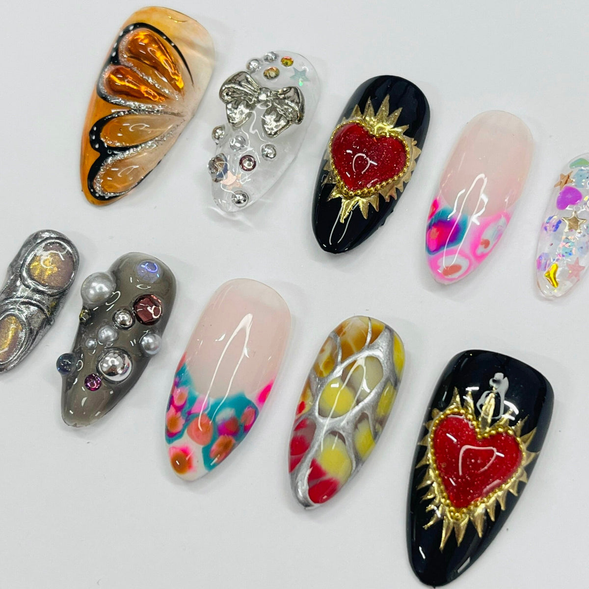 Multicolor Jeweled Heart and Metallic Swirl Press-On Nail Set
