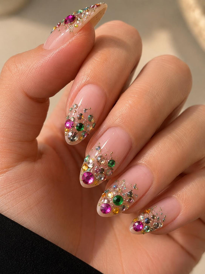 Birthday Press On Nails With Sheer Pink-Nude Bases and Multicolor Rhinestone Clusters