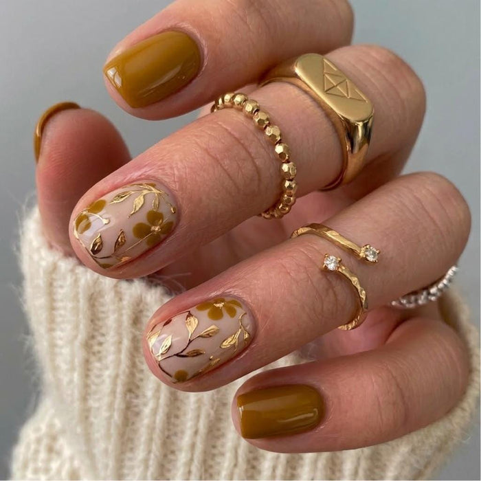 Mustard Yellow Floral Leaf Press On Nails with Gold Foil, Autumn Cottagecore