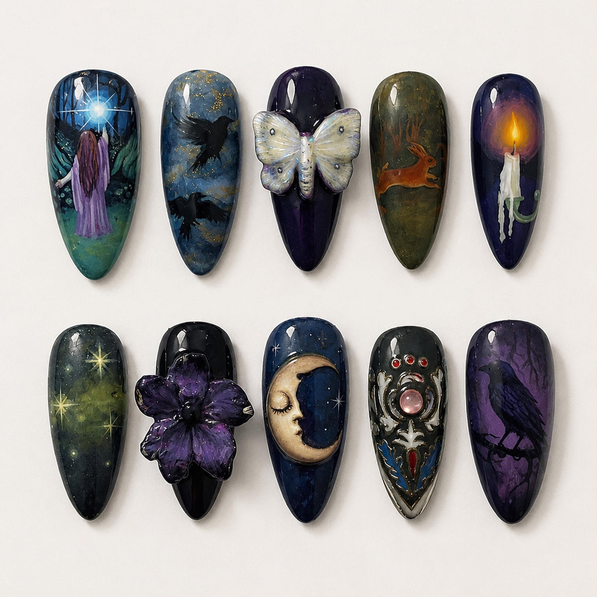 Mystical Gothic Woodland Press-On Nails With Ravens, Moons, Butterflies and Raised Details