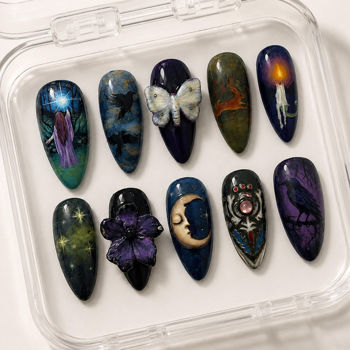 Mystical Gothic Woodland Press-On Nails With Ravens, Moons, Butterflies and Raised Details