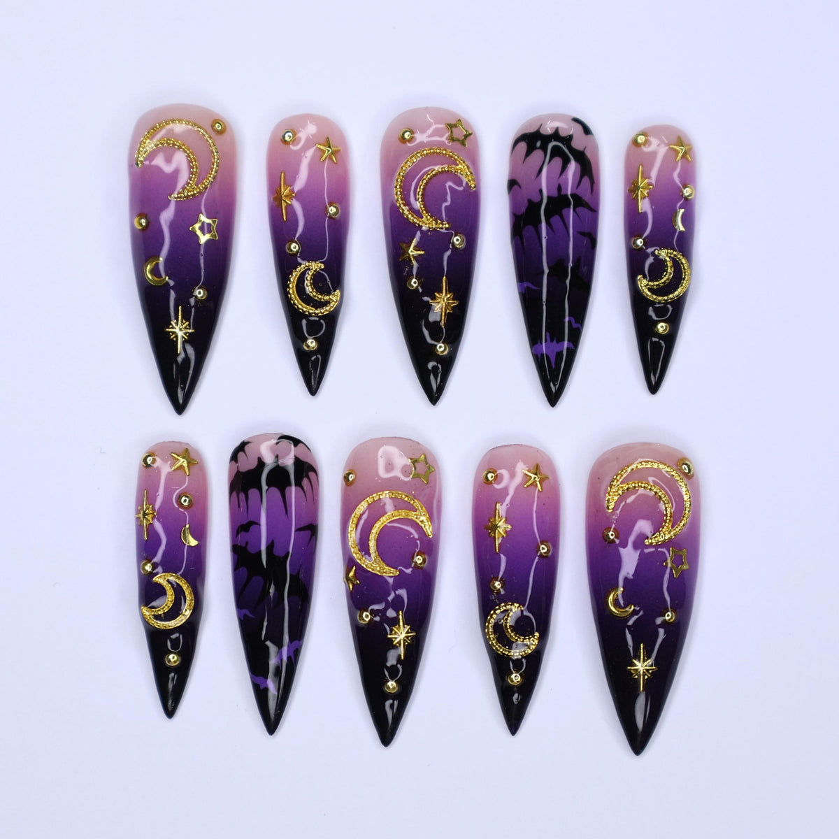 Mystical Halloween Celestial Press-On Nails with Gold Moons, Stars, and Bat Motifs