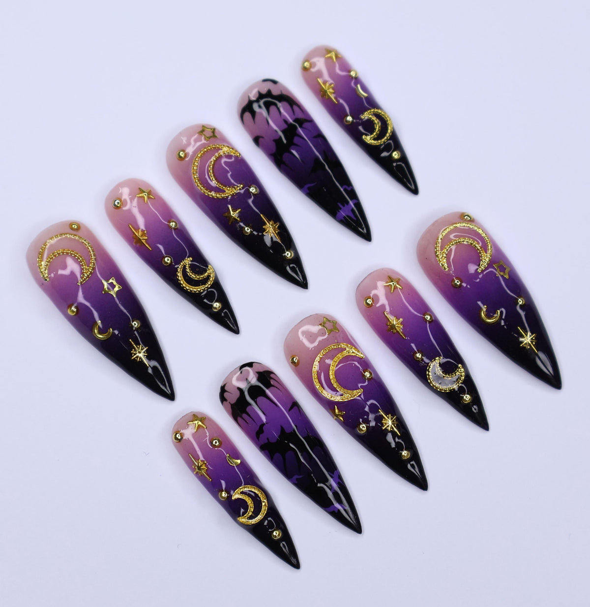 Mystical Halloween Celestial Press-On Nails with Gold Moons, Stars, and Bat Motifs