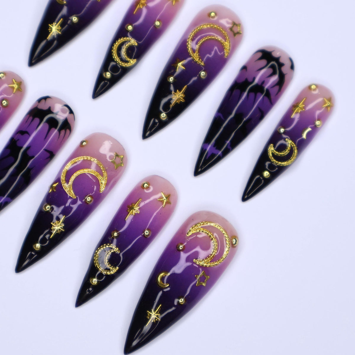 Mystical Halloween Celestial Press-On Nails with Gold Moons, Stars, and Bat Motifs