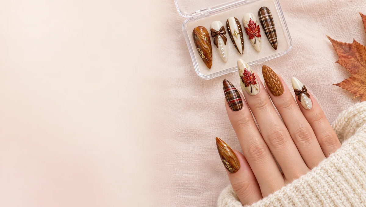 Hand wearing autumn plaid, maple leaf, bow and amber press-on nails beside a matching nail set