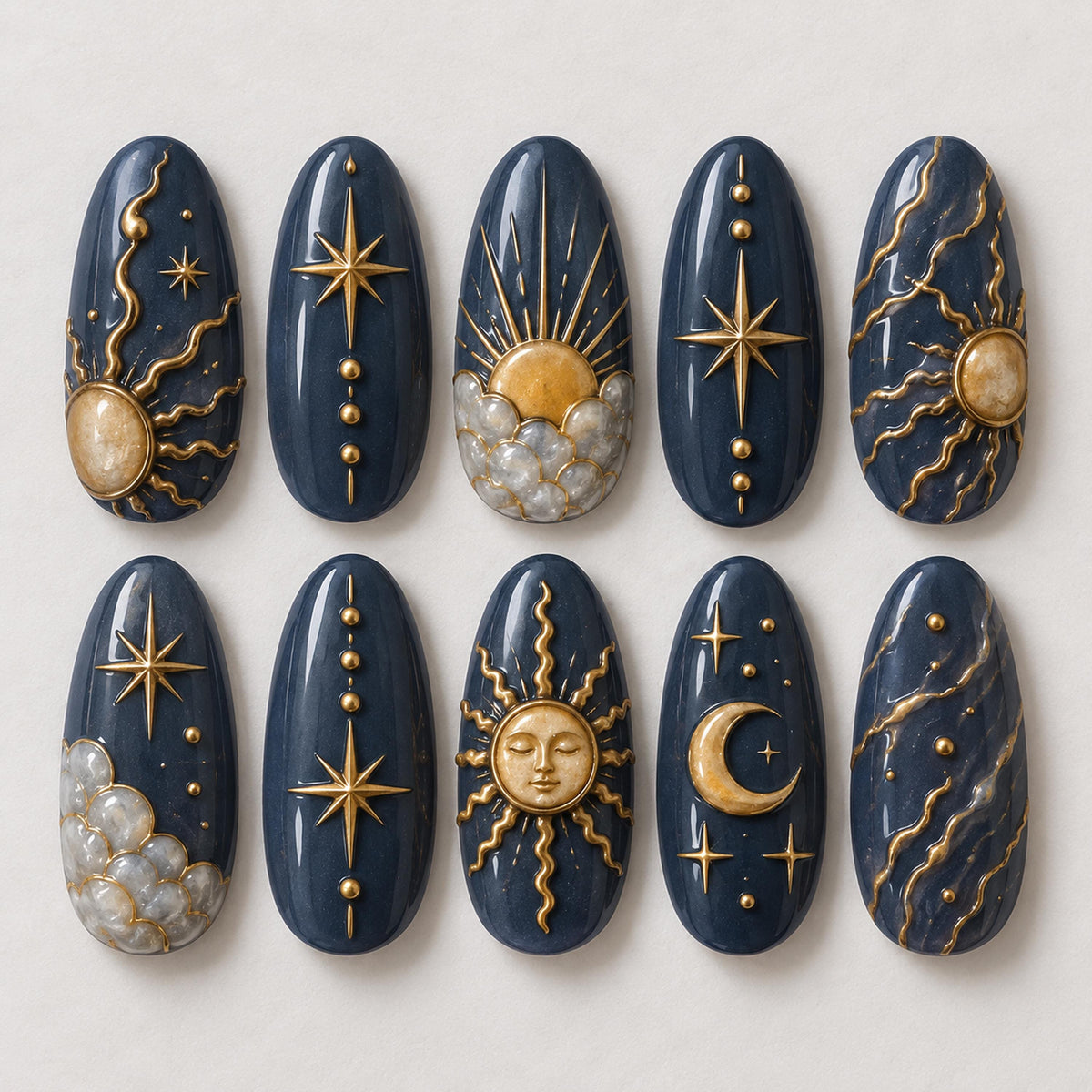 Navy and Antique Gold Celestial Moon and Sun Nail Set