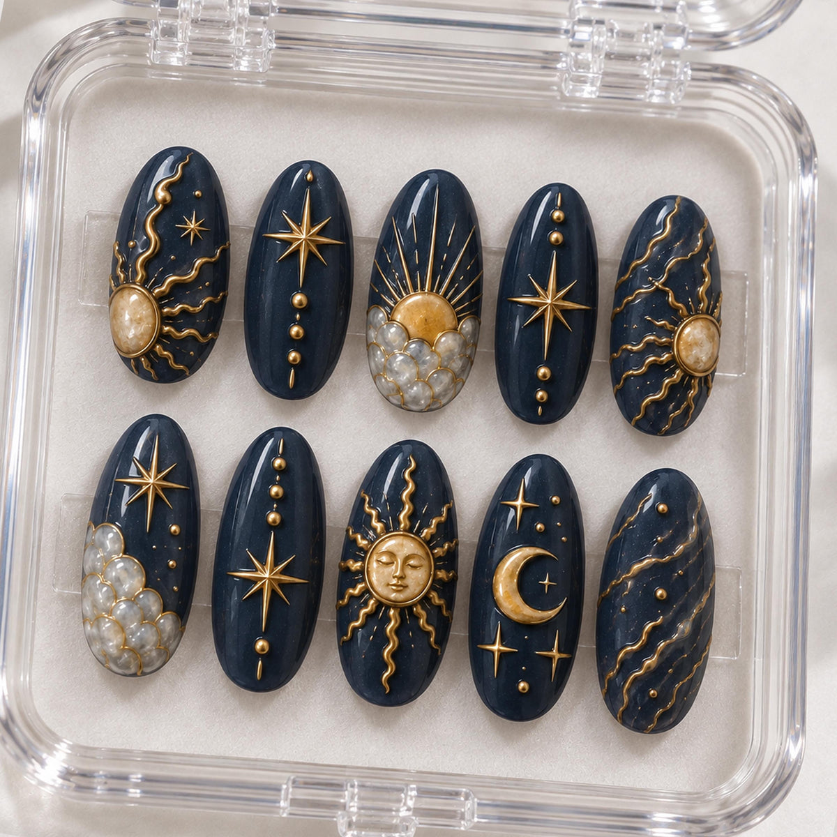 Navy and Antique Gold Celestial Moon and Sun Nail Set