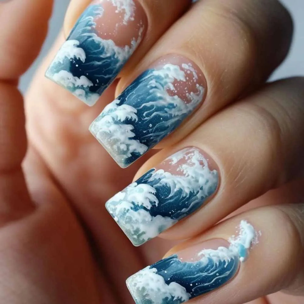 Navy and Blue Ocean Wave Press On Nails