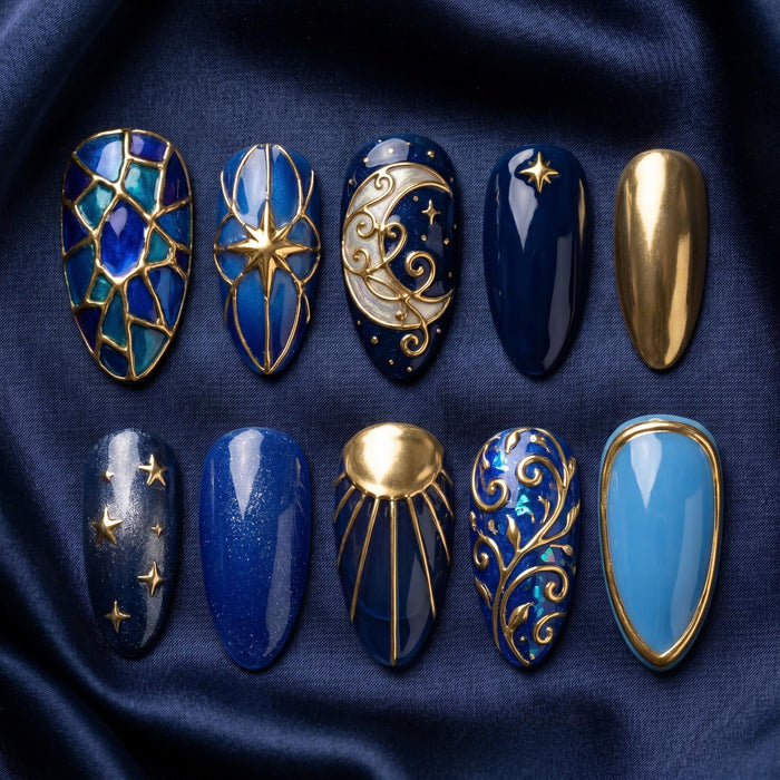 Navy and Cobalt Celestial Press On Nail Set With Gold Scrollwork