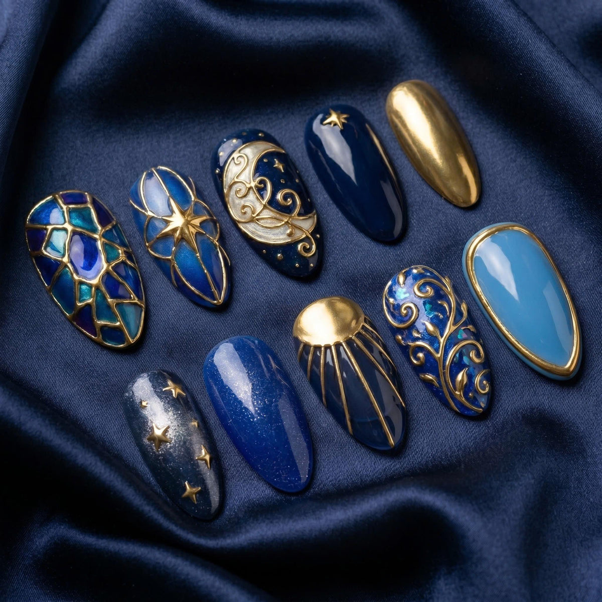 Navy and Cobalt Celestial Nail Set With Gold Scrollwork