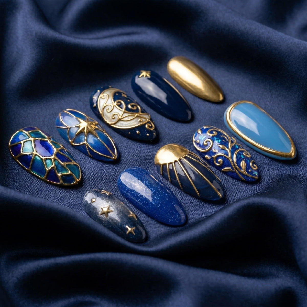 Navy and Cobalt Celestial Nail Set With Gold Scrollwork