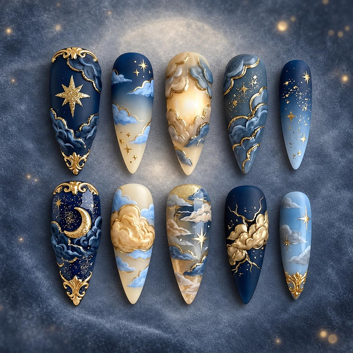 Navy and Gold Celestial Cloud Press-On Nail Set