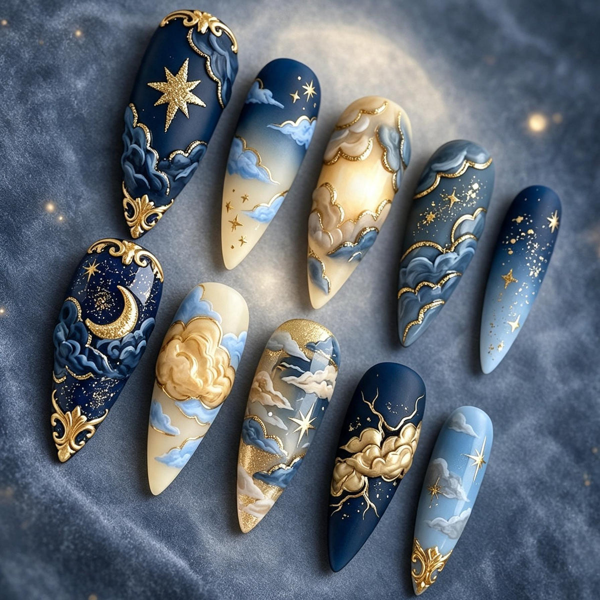 Navy and Gold Celestial Cloud Press-On Nail Set