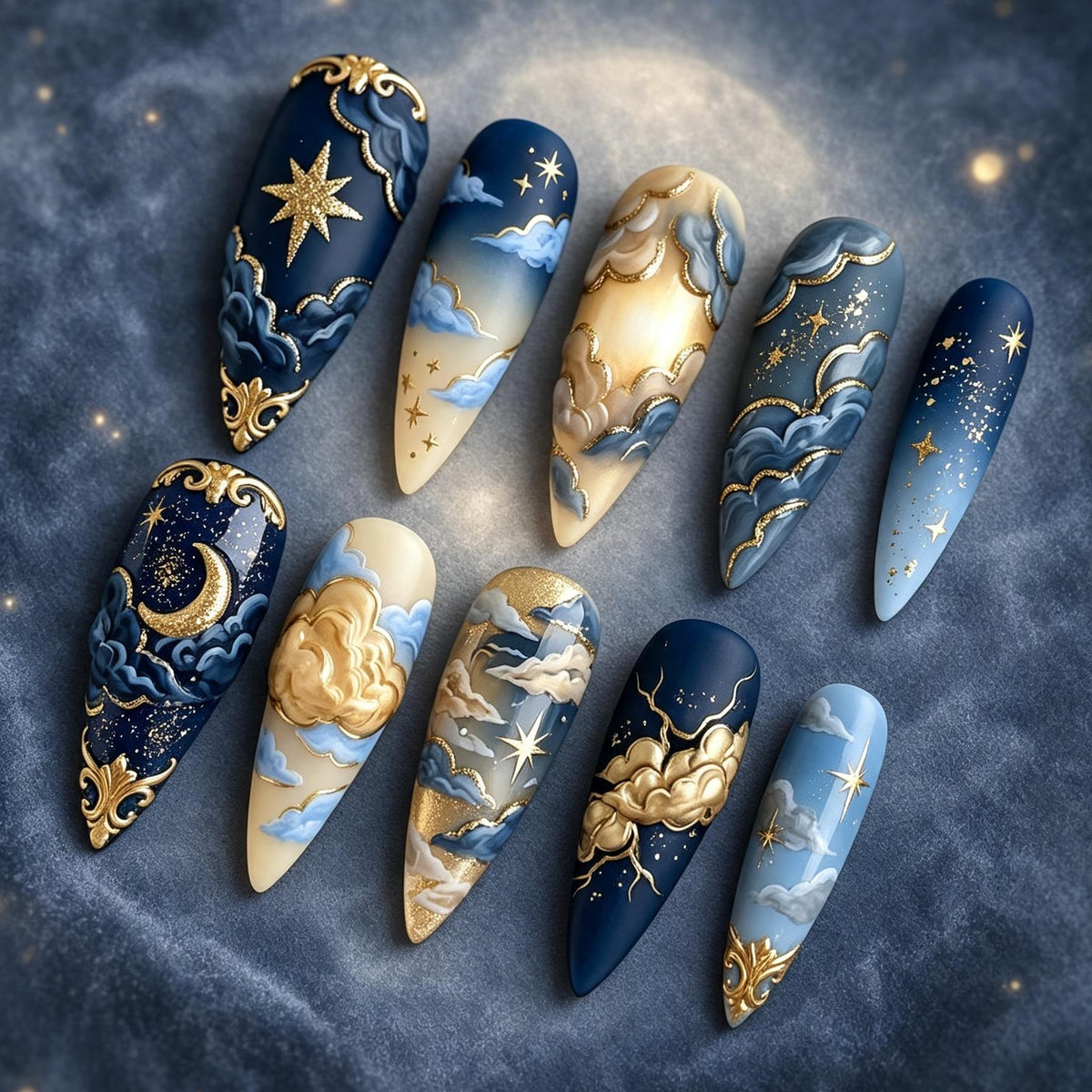 Navy and Gold Celestial Cloud Press-On Nail Set