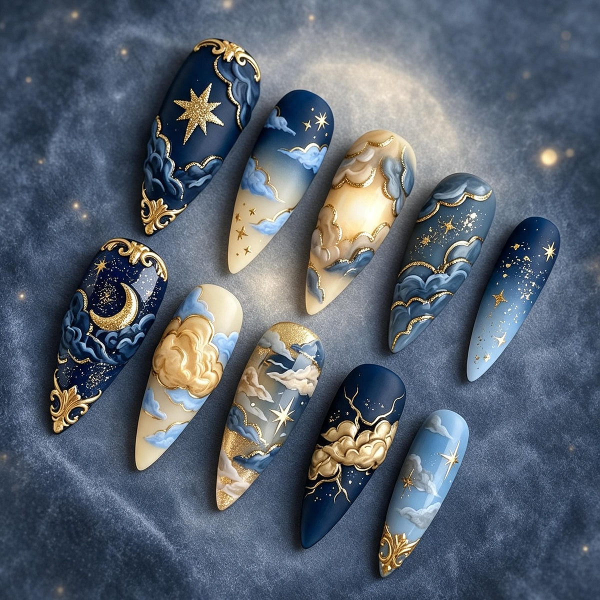 Navy and Gold Celestial Cloud Press-On Nail Set