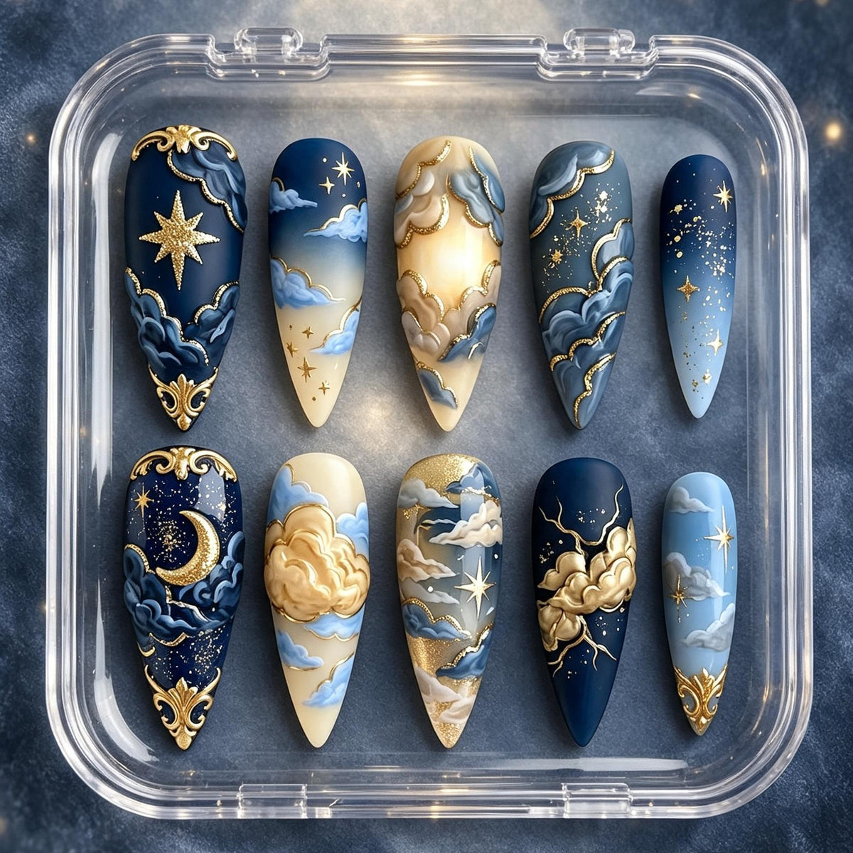 Navy and Gold Celestial Cloud Press-On Nail Set