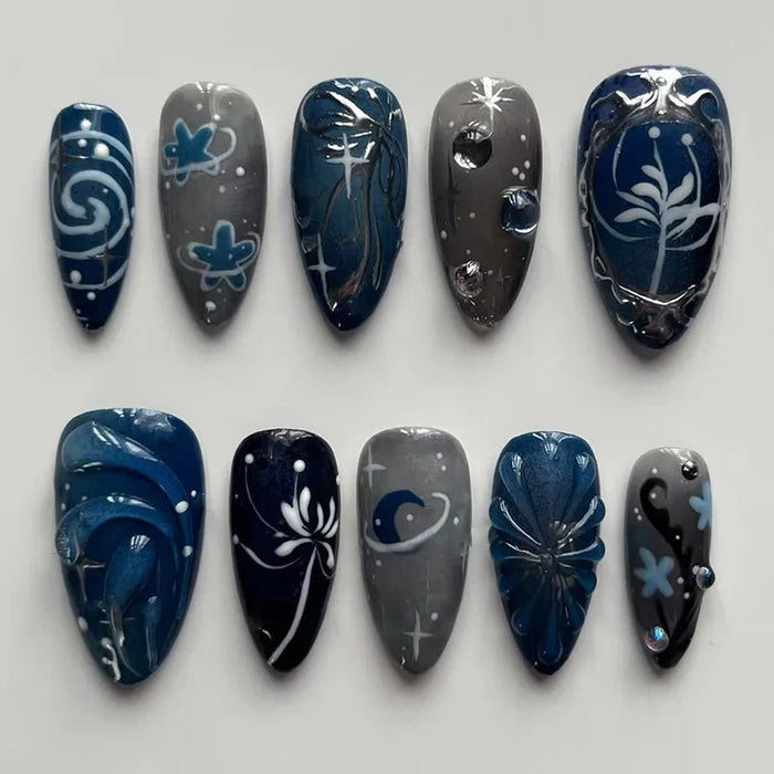 Navy and Gray Celestial Press On Nail Set With Silver-White Floral Line Art