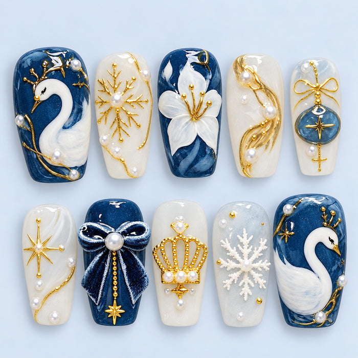 Navy and Icy Blue Swan Press On Nails with Velvet Bow, Pearls and Gold Winter Details