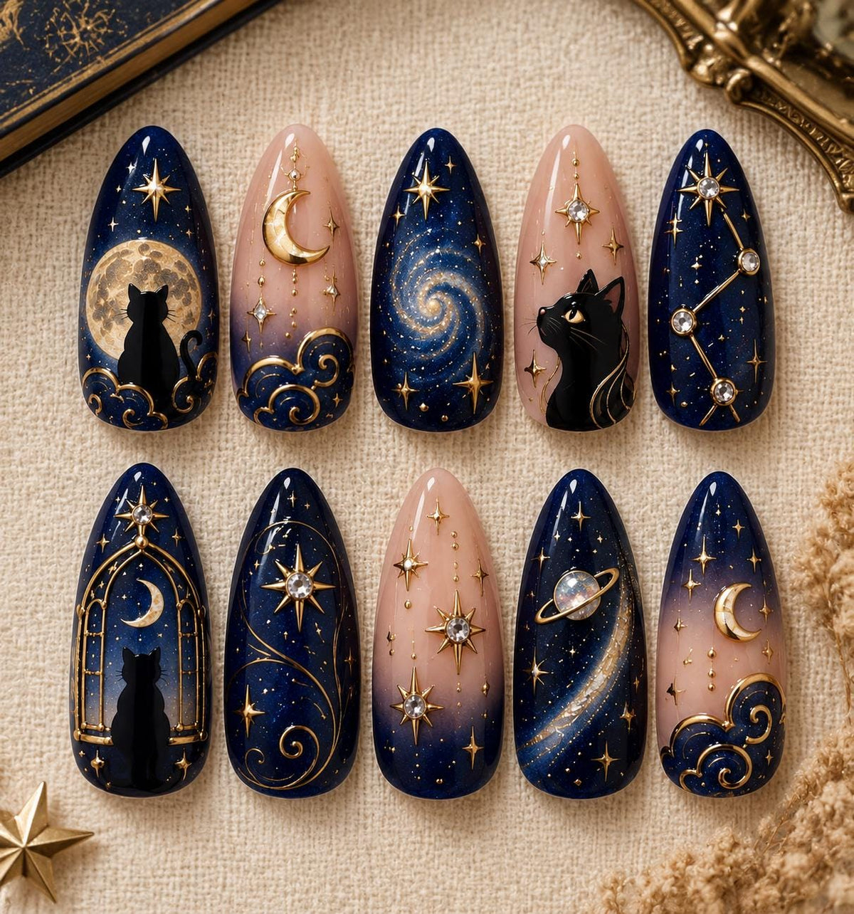 Navy and Nude Celestial Cat Press On Nails with Gold Moons and Stars