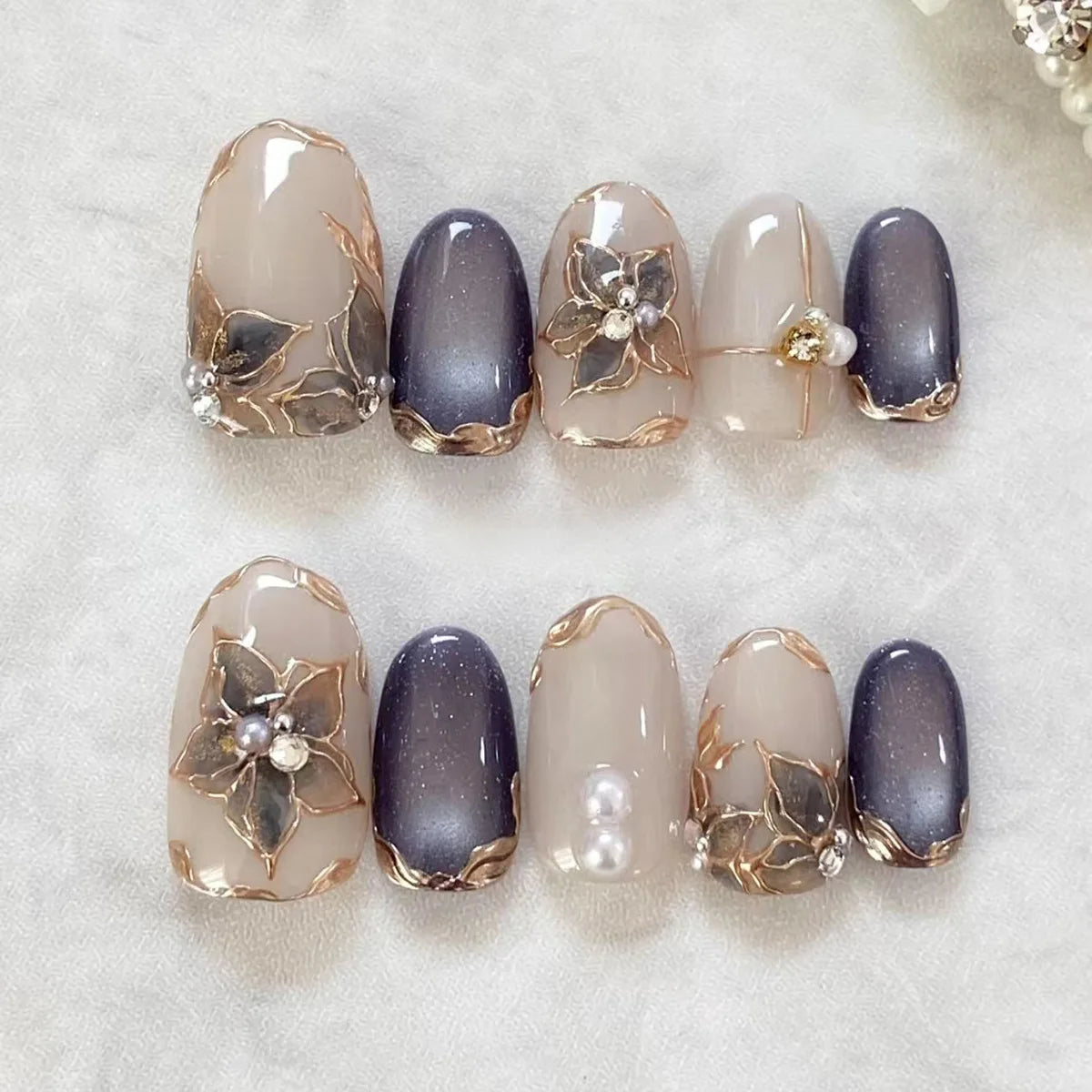 Navy and Nude French Tip Nails with Gold Flowers and Pearls