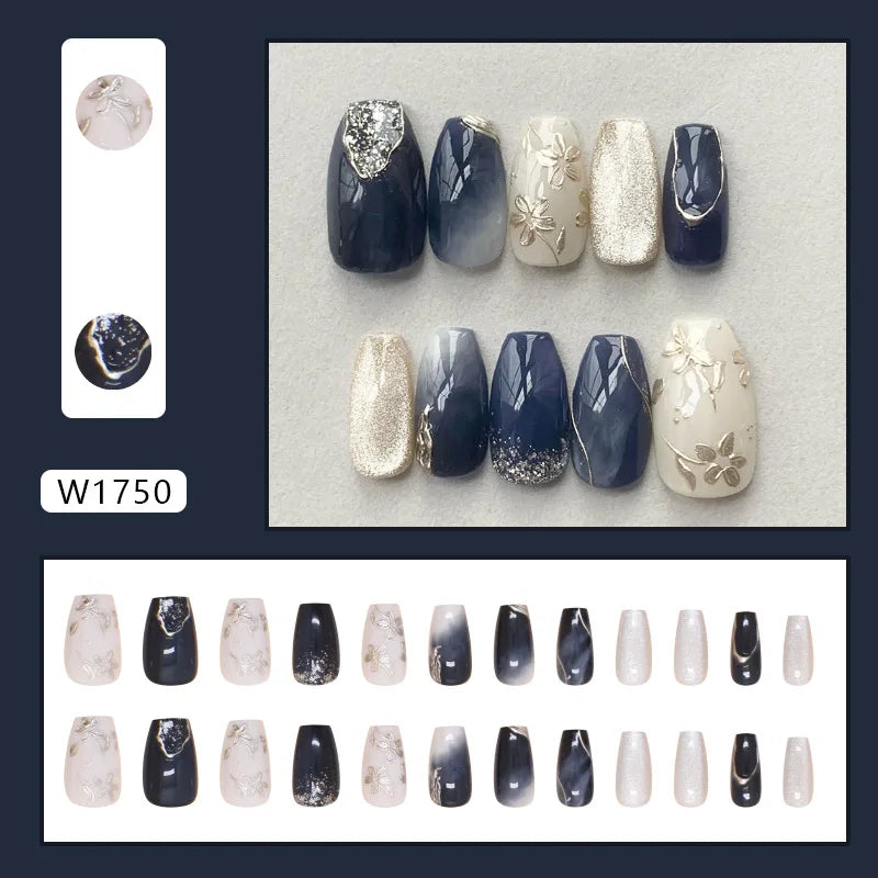 Navy and Smoky Blue Floral Nails with Ivory, Silver Glitter and Rhinestones