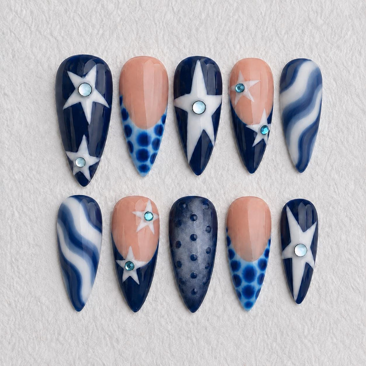 Navy and White Celestial Starburst Press-On Nails with Blue Rhinestones