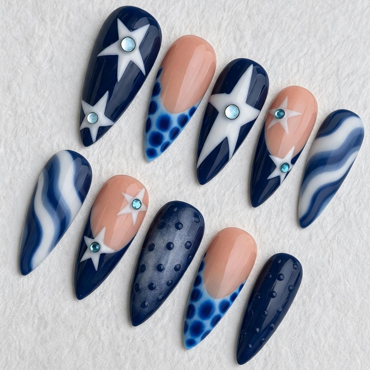 Navy and White Celestial Starburst Press-On Nails with Blue Rhinestones