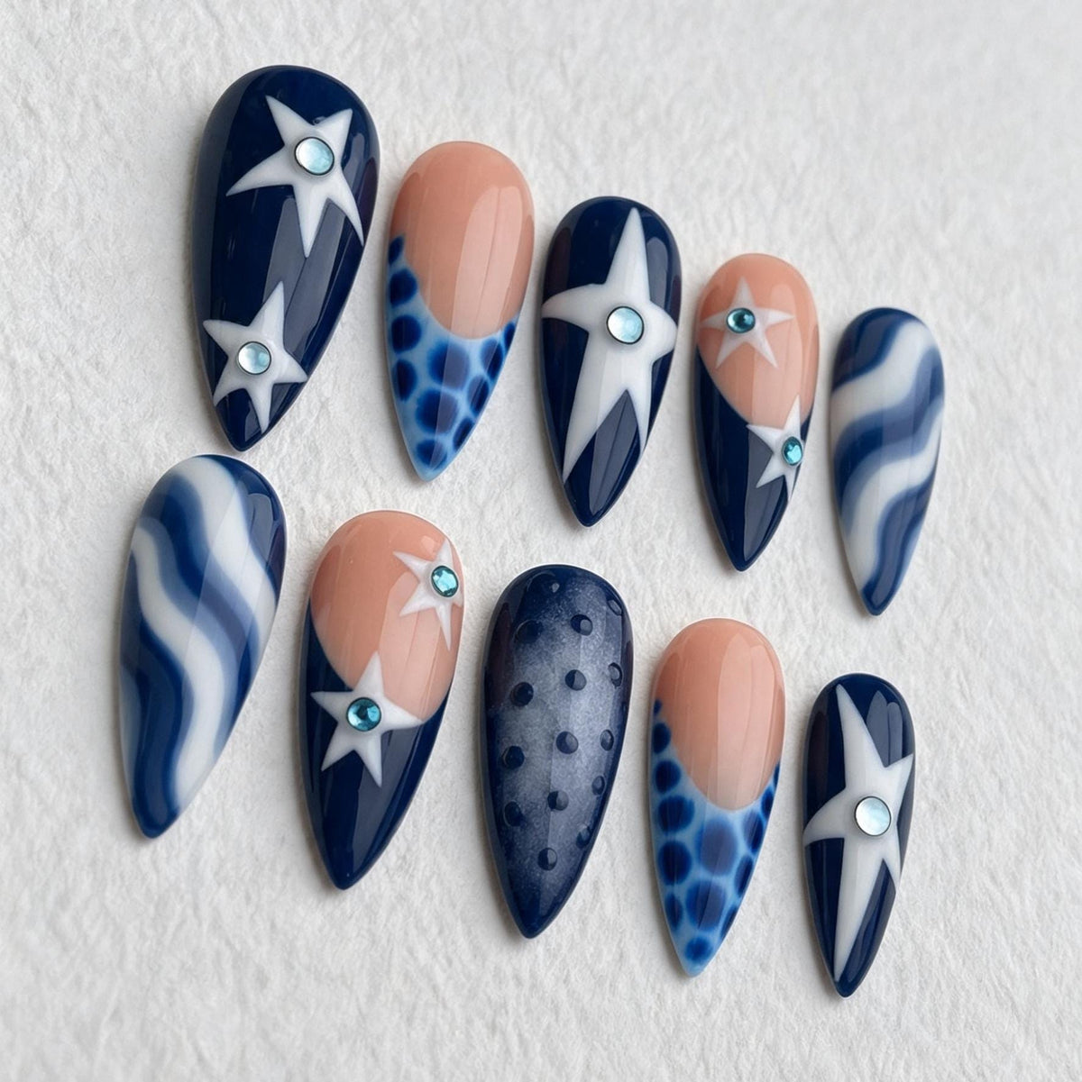 Navy and White Celestial Starburst Press-On Nails with Blue Rhinestones