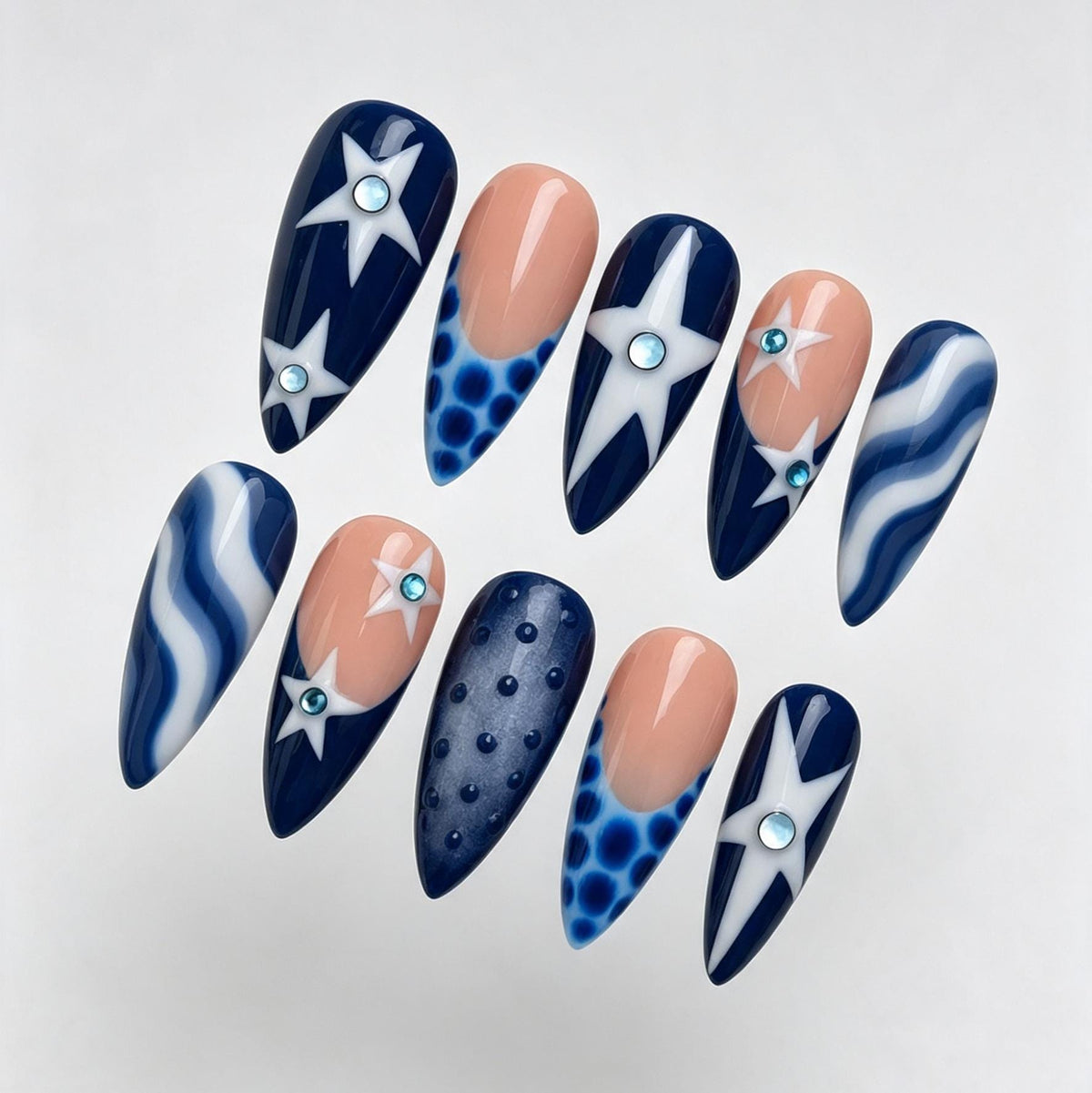 Navy and White Celestial Starburst Press-On Nails with Blue Rhinestones