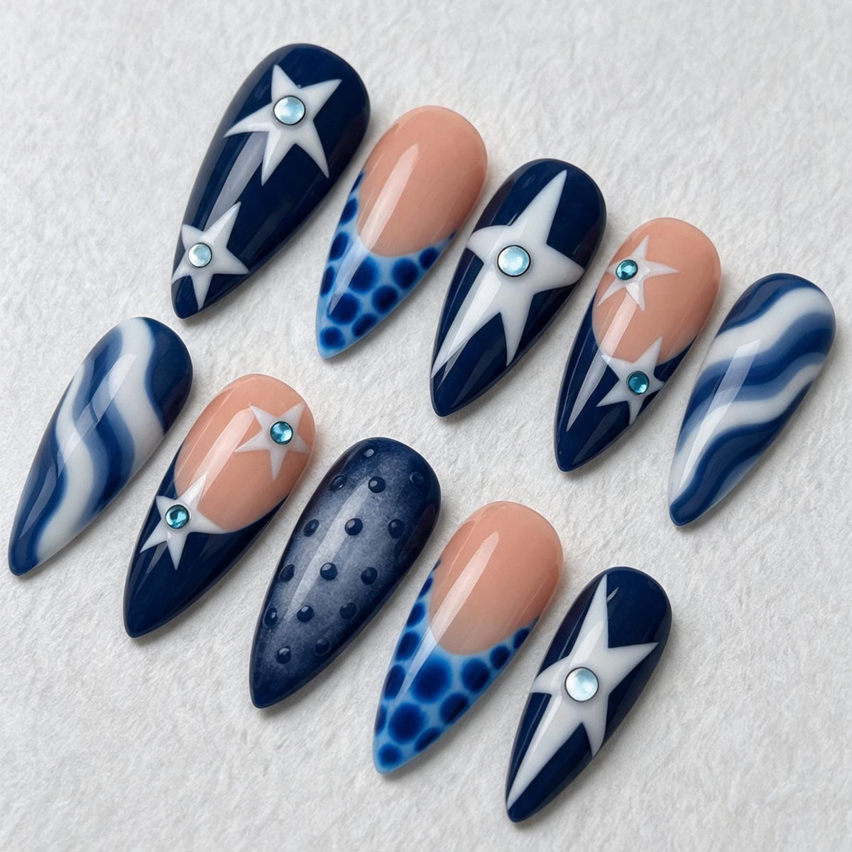 Navy and White Celestial Starburst Press-On Nails with Blue Rhinestones