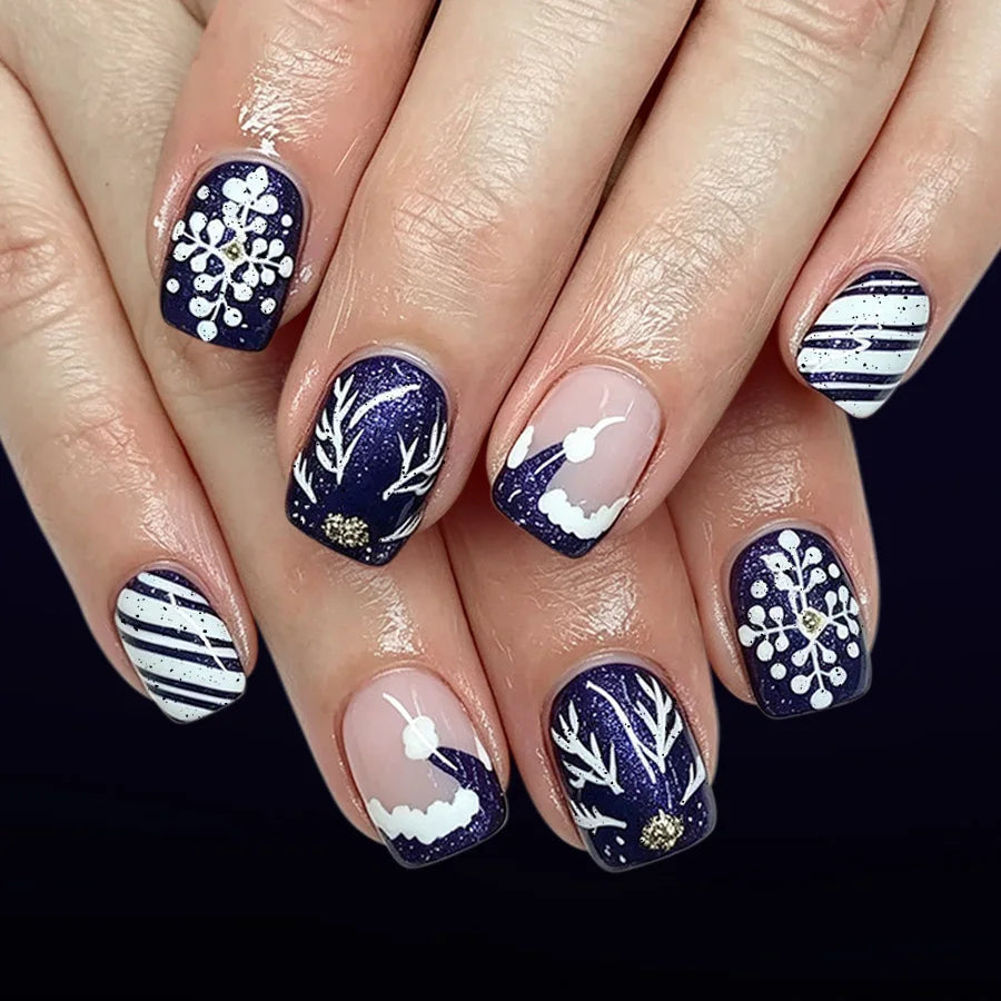 Navy and White Christmas Snowflake Press On Nails with Gold Glitter