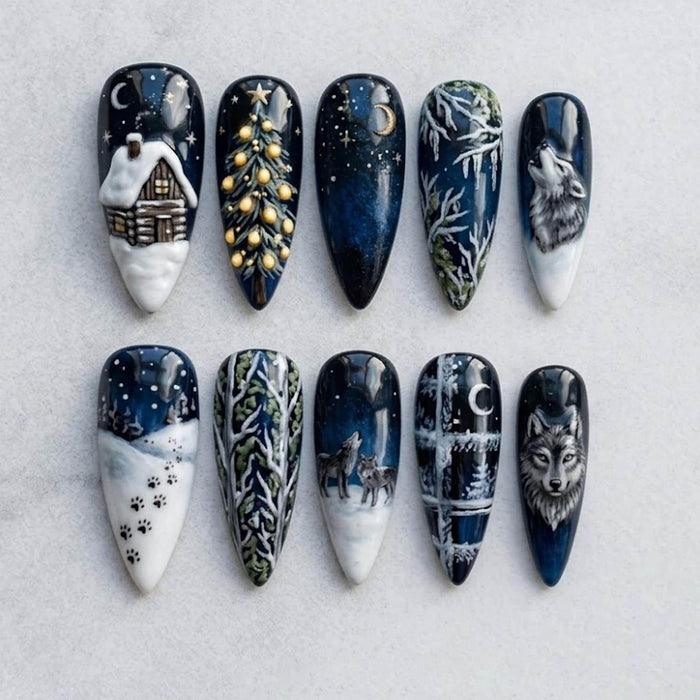 Navy and White Winter Forest Press On Nails With Wolves, Cabin, and 3D Christmas Tree