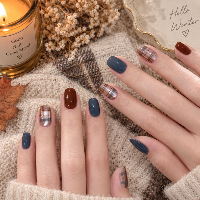 Navy Blue and Brown Plaid Autumn Press-On Nail Set