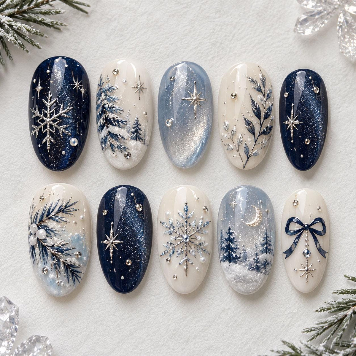 Navy Blue and Icy Blue Winter Nails with Silver Snowflakes and Stars