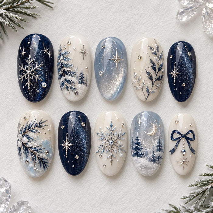 Navy Blue and Icy Blue Winter Press On Nails with Silver Snowflakes and Stars