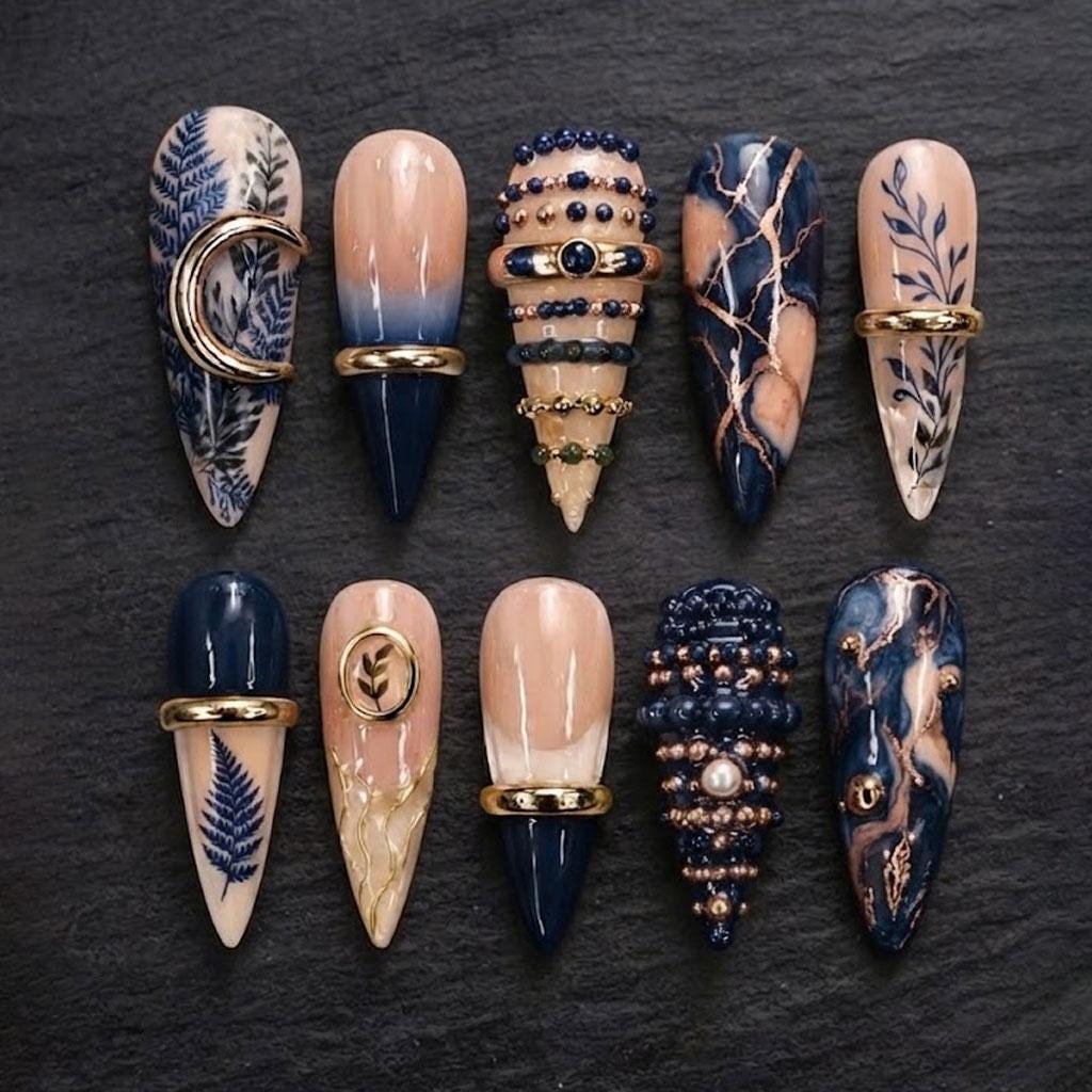 Navy Blue and Nude Botanical Marble Press-On Nails with Gold and 3D Details