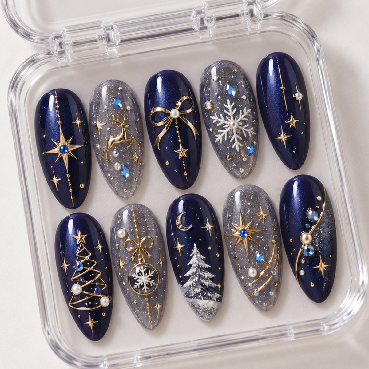 Navy Blue and Silver Christmas Nails with Gold Celestial Details