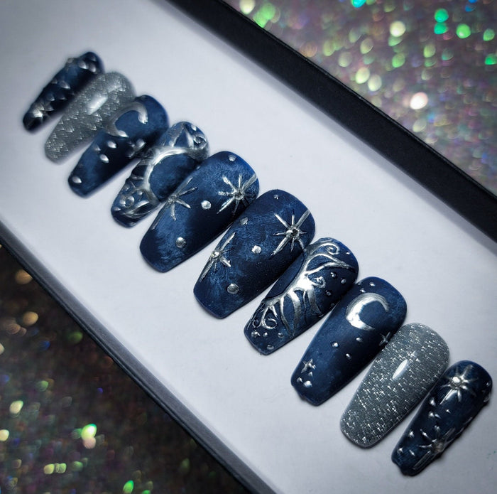 Navy Blue Celestial Press On Nails With Silver Chrome Swirls, Moons and Stars