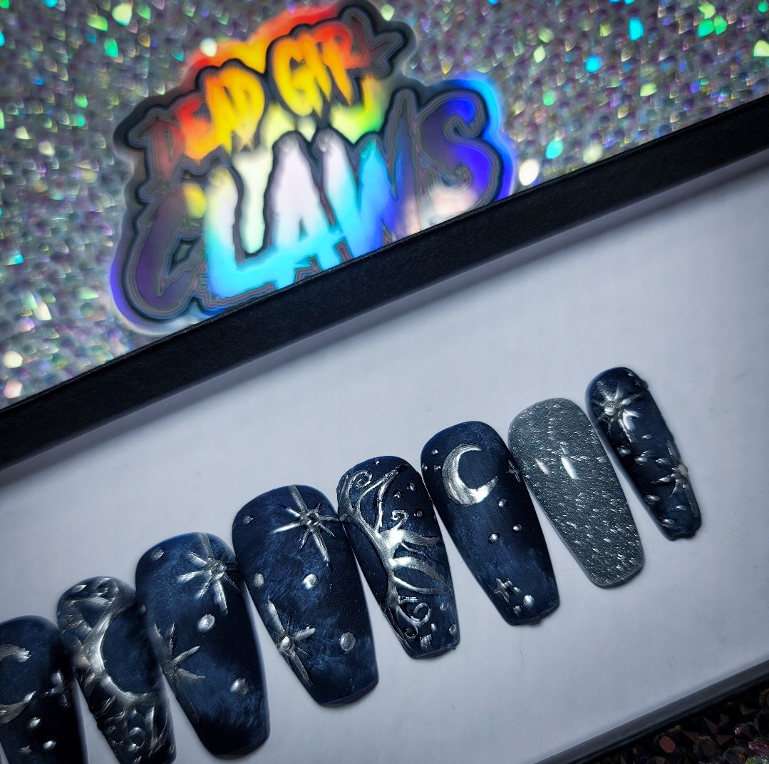 Navy Blue Celestial Nails With Silver Chrome Swirls, Moons and Stars