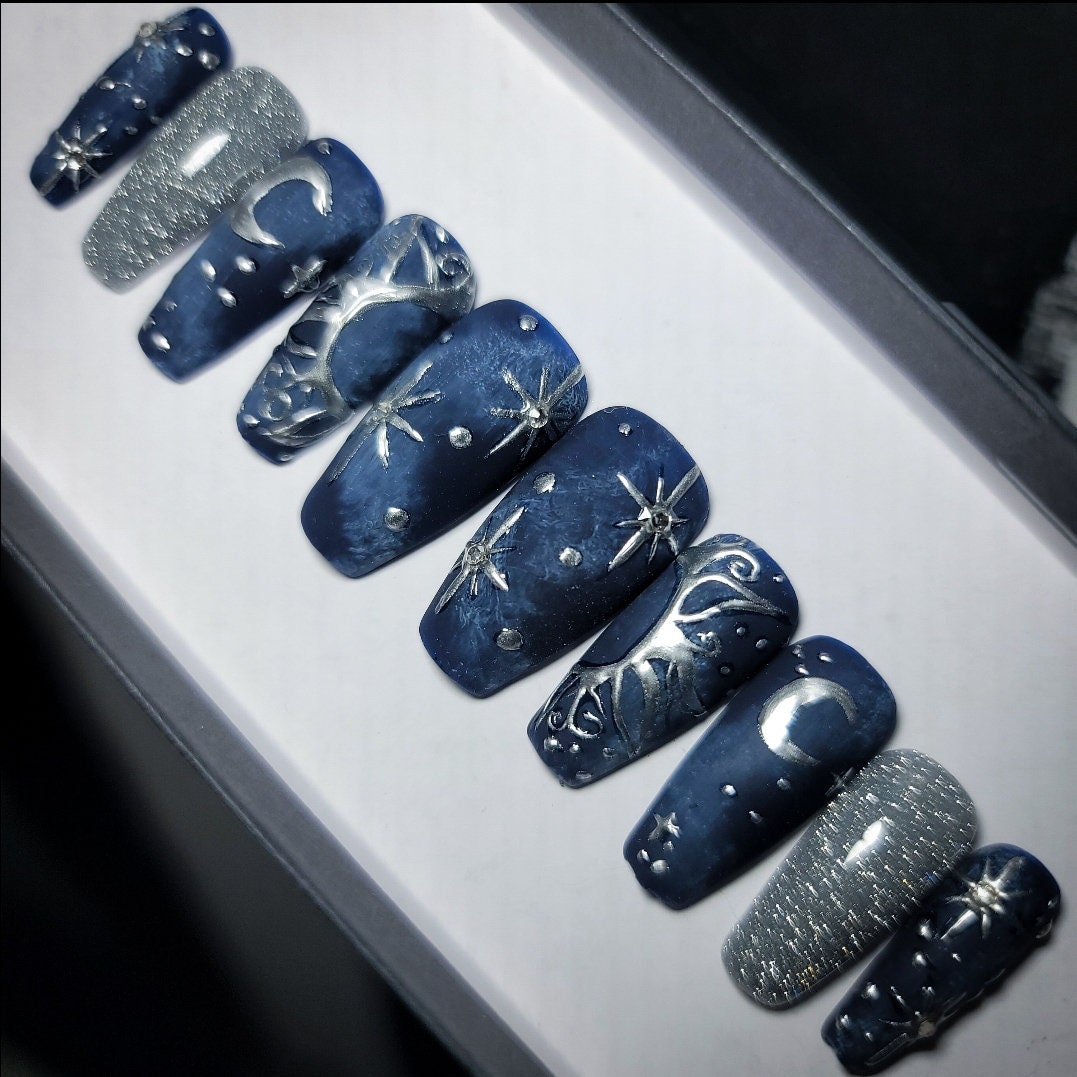 Navy Blue Celestial Nails With Silver Chrome Swirls, Moons and Stars