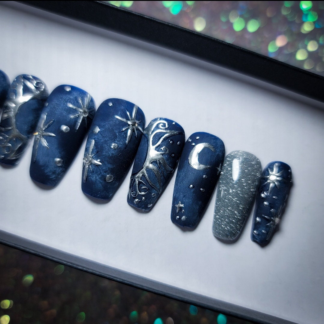 Navy Blue Celestial Nails With Silver Chrome Swirls, Moons and Stars