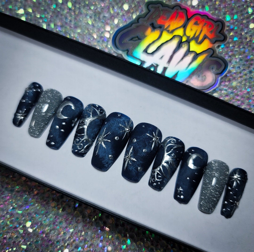 Navy Blue Celestial Nails With Silver Chrome Swirls, Moons and Stars