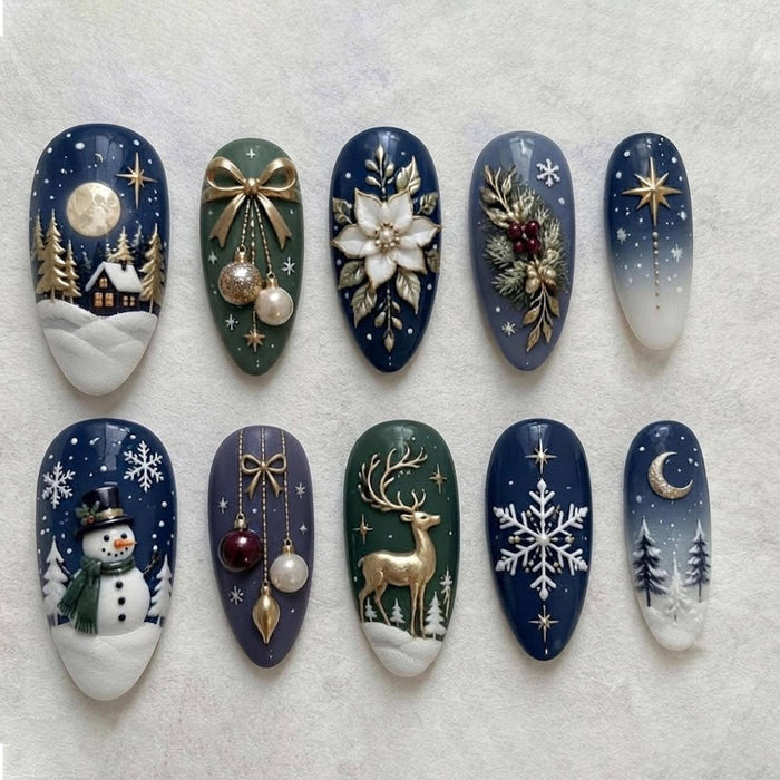 Navy Blue Christmas Winter Scene Press On Nails with Snowflakes, Deer, Ornaments & Gold Details
